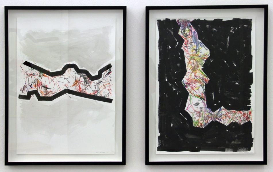 Click the image for a view of: Marcus Neusuetter. Core Site I & II. 2014. Ink on paper. 683X513 each, framed